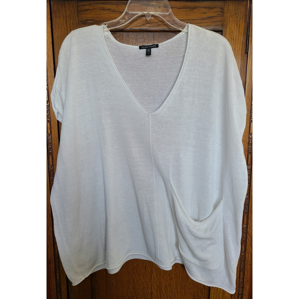 Eileen Fisher White V-Neck Oversized Boxy Organic Linen Cotton Knit Pocket Top
